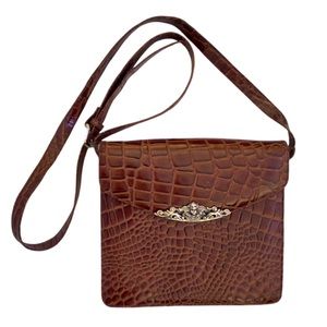 Brown Genuine Leather Alligator Croco Print Crossbody Purse